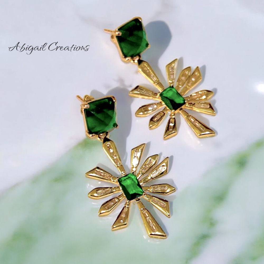 ABIGAIL CREATIONS Green Gold Plated Baguette Flower Drop Earrings